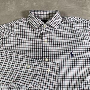 Polo Ralph Lauren Shirt Mens Medium Blue Burgundy Plaid Performance‎ Button Down